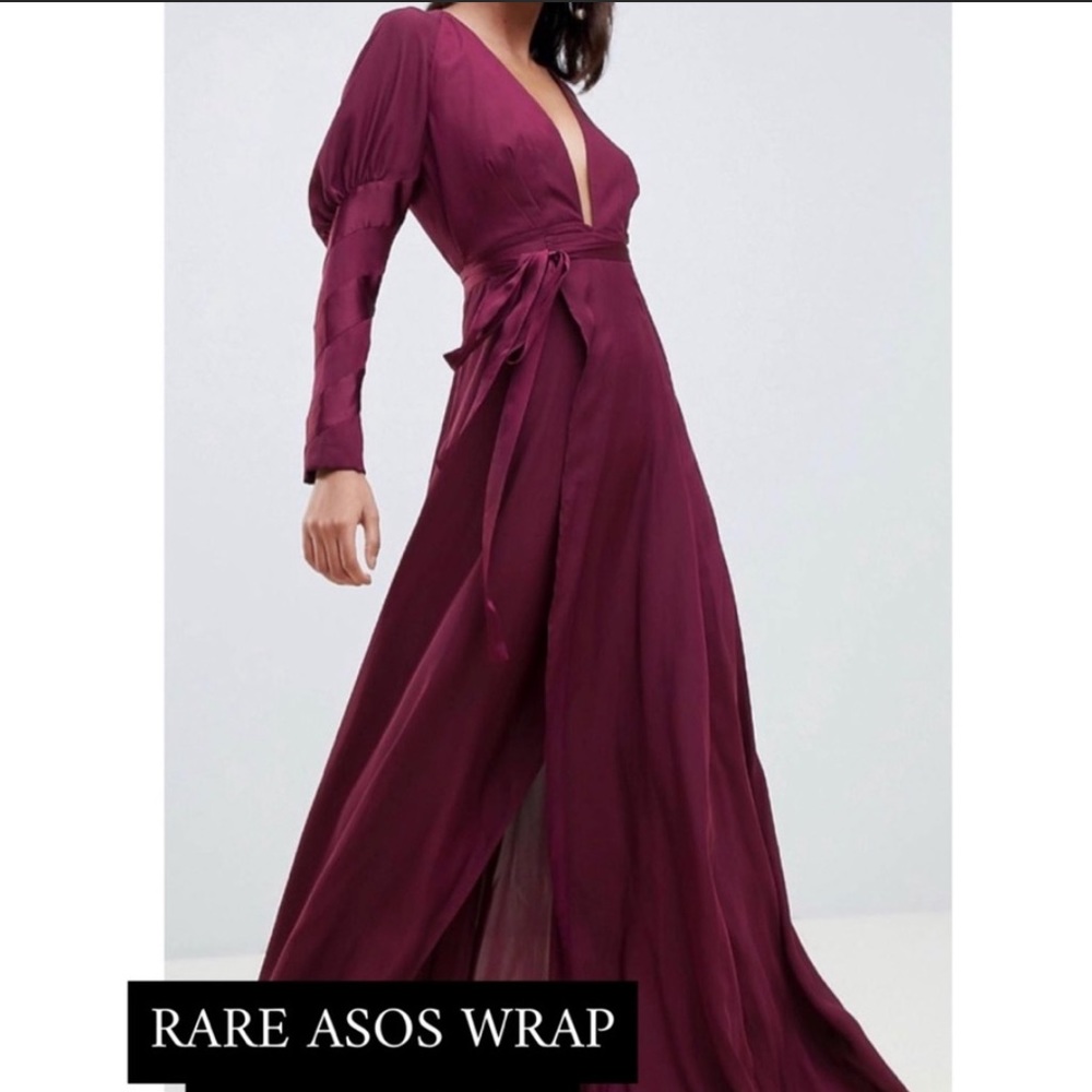 ASOS Plum Wrap Maxi Dress Bishop Sleeves
